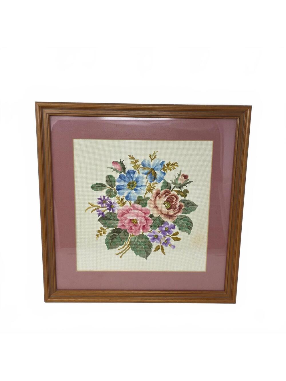 Vintage 1984 Blue Ribbon Floral Cross Stitch Framed Needlework Art